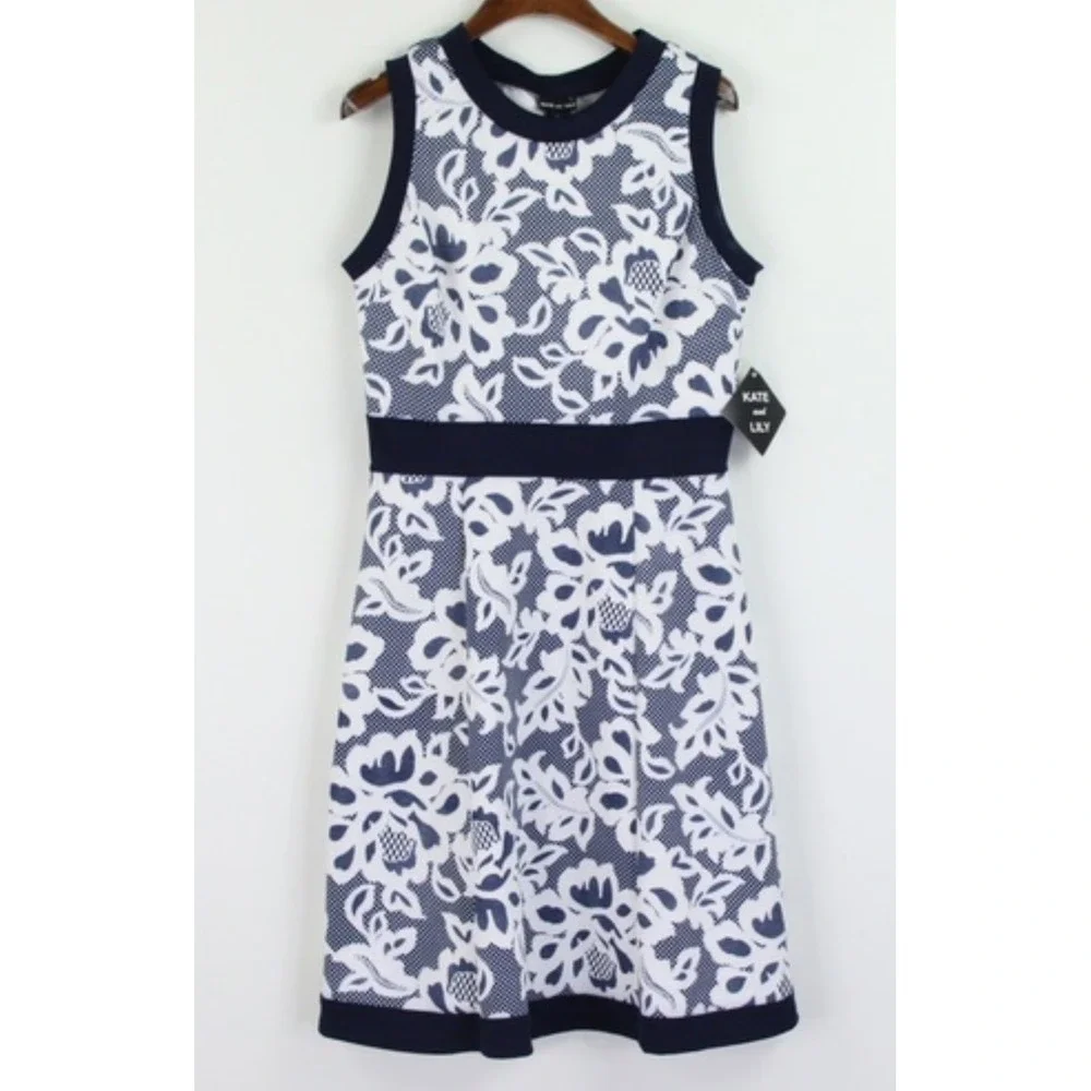 Kate and Lily Fit/Flare Lace Midi Dress Sleeveless 12 Navy White Floral Cottage - Picture 1 of 8